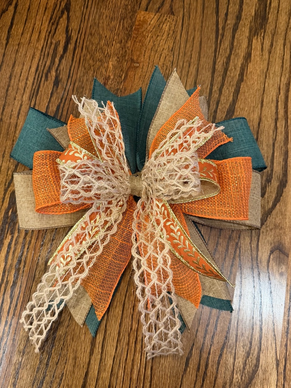 Rustic Holiday Burlap Bow in Orange, Teal & Natural